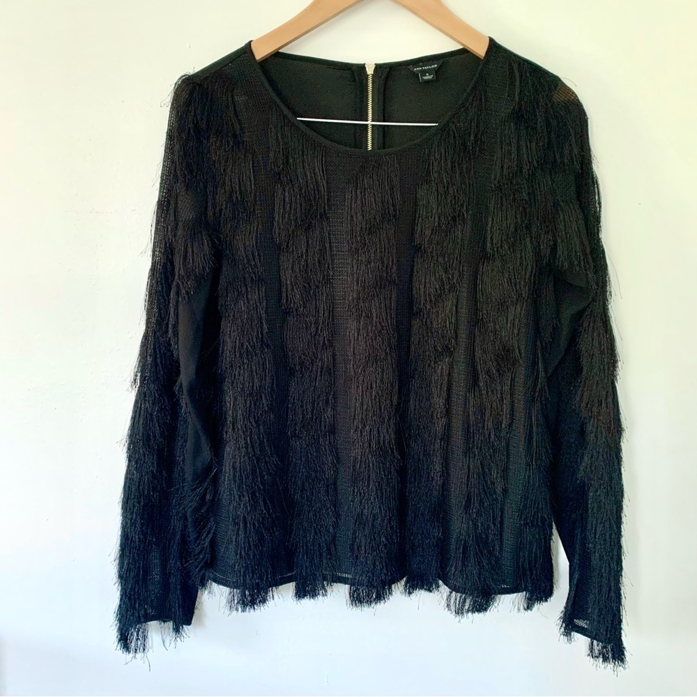 Ann Taylor Black Fringe Long Sleeve Top